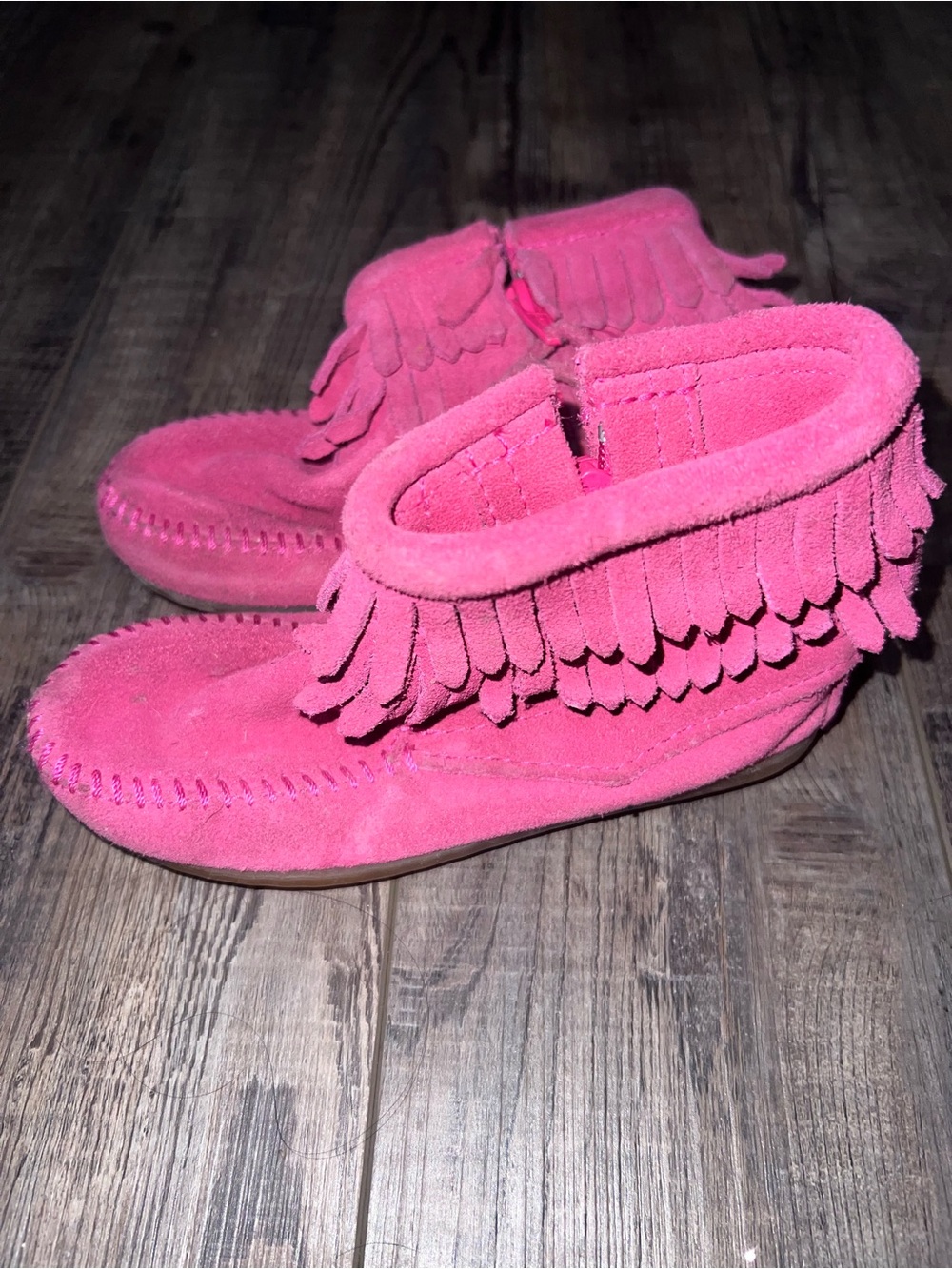 Minnetonka 2295 Double Fringe Side Zip Moccasin Boots Hot Pink Suede